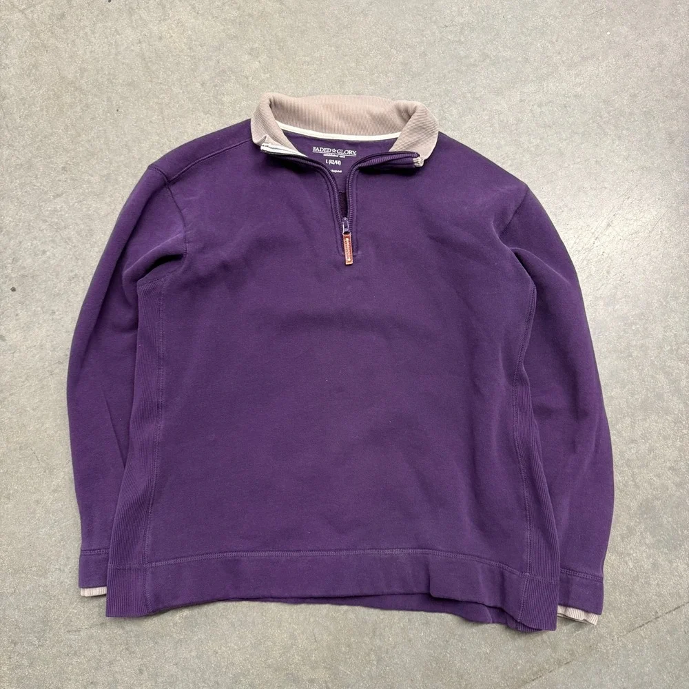 Faded Glory Mens Purple Quarter Zip Pullover Sweatshirt Size L 42/44 Ribbed Trim